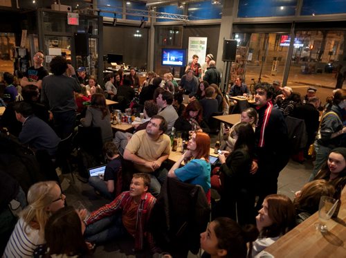 US election watchers packed the Winnipeg Free Press News Cafe on Tuesday night as 2012 election results rolled in. Melissa Tait / Winnipeg Free Press