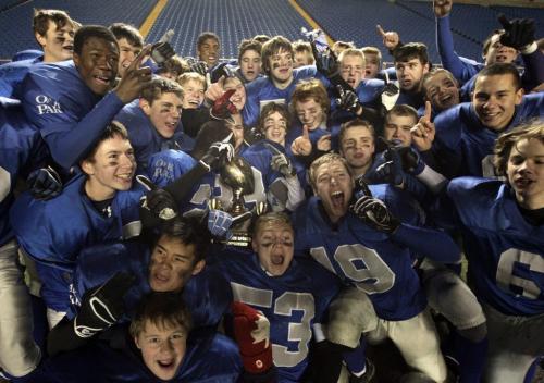 The Oak Park Raiders celebrate after winning the championshop game 30-15. The Oak Park Raiders and Vincent Massey Trojans played in the Home Run Sports Bowl at Canad Inns Stadium Thursday evening.  121108 - Thursday, November 08, 2012 -  (MIKE DEAL / WINNIPEG FREE PRESS)