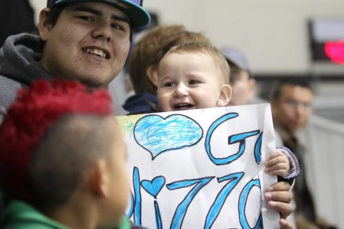 Sixteen month old Malkin Sinclair holds up a "Go Blizzard" sign for a family member  #17 Ralph Cochrane who plays for the OCN Blizzards during the OCN Blizzards game against the Portage Terriers during the Old Dutch MJHL Showcase Tournament  at IcePlex Arena Saturday. The OCN Blizzard won the game  2 -1 in a shootout. See Randy Turner's Native, Aboriginal hockey story.  Oct 06,  2012 (Ruth Bonneville/Winnipeg Free Press)