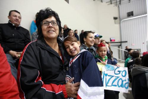 Pearl Cochrane celebrates along with family and friends after her son's team,  #17 Ralph Cochrane who plays for the OCN Blizzards beat the Portage Terriers in a shootout during the Old Dutch MJHL Showcase Tournement at IcePlex Saturday.   See Randy Turner's  Native, Aboriginal hockey story. Oct 06,  2012 (Ruth Bonneville/Winnipeg Free Press)