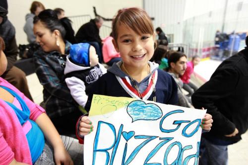 Young fans of the OCN Blizzards hold up signs to encourage their uncle  #17 Ralph Cochrane who plays for the OCN Blizzards  during his game against the Portage Terriers at the Old Dutch MJHL Showcase Tournament  at IcePlex Arena Saturday. The OCN Blizzard won the game  2 -1 in a shootout. See Randy Turner's  Native, Aboriginal hockeystory.  Oct 06,  2012 (Ruth Bonneville/Winnipeg Free Press)