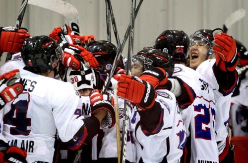 The OCN Blizzard celebrate their win against the Portage Terriers during the Old Dutch MJHL Showcase  Tournament  at IcePlex Arena Saturday. The OCN Blizzard won the game  2 -1 in a shootout. See Randy Turner's  Native, Aboriginal hockey story  Oct 06,  2012 (Ruth Bonneville/Winnipeg Free Press)