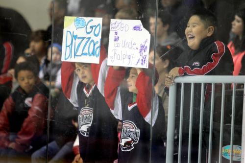 Young fans of the OCN Blizzards hold up signs to encourage their uncle  #17 Ralph Cochrane who plays for the OCN Blizzards  during his game against the Portage Terriers at the Old Dutch MJHL Showcase Tournament  at IcePlex Arena Saturday. The OCN Blizzard won the game  2 -1 in a shootout. See Randy Turner's  Native, Aboriginal hockey story.  Oct 06,  2012 (Ruth Bonneville/Winnipeg Free Press)