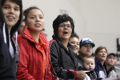 Pearl Cochrane and her family celebrate after her son's team,  #17 Ralph Cochrane who plays for the OCN Blizzards beat the Portage Terriers in a shootout during the Old Dutch MJHL Showcase Tournement at IcePlex Saturday.   See Randy Turner's  Native, Aboriginal hockey story. Oct 06,  2012 (Ruth Bonneville/Winnipeg Free Press)