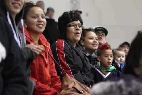 Pearl Cochrane and her family watch her son's team,  #17 Ralph Cochrane who plays for the OCN Blizzards beat the Portage Terriers in a shootout during the Old Dutch MJHL Showcase Tournement at IcePlex Saturday.   See Randy Turner's  Native, Aboriginal hockey story. Oct 06,  2012 (Ruth Bonneville/Winnipeg Free Press)