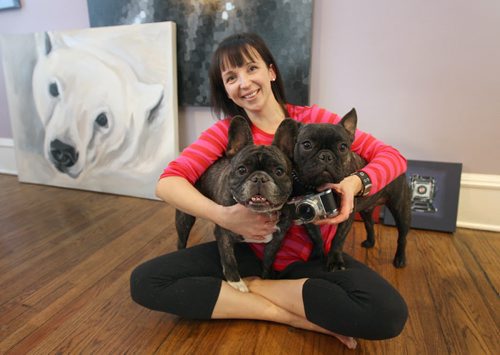 Winnipeg artist Kal Barteski- with some her favorite things- Her LuLu lemon pants, her French bull dogs, her old camera, her paintings-  See Carolin Vesley -My Stuff November 14, 2012   (JOE BRYKSA / WINNIPEG FREE PRESS)