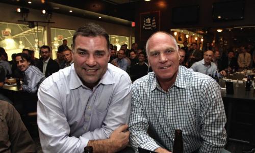 Eric Lindros (left) and Brian Skrudland (right) during the draft banquet for the Mike Keane Classic at the MTS IcePlex Wednesday evening.  121114 November 14, 2012 Mike Deal / Winnipeg Free Press