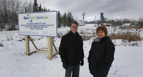 Ross Orr, pres. and CEO BacTech Environmental Corporation and MaryAnn Mihychuk, v.p. Operations BacTech Manitoba Corp. at the future home of their bioleaching facility for the remediation of toxic tailings by the -Snow Lake Mine in Snow Lake, Manitoba. Martin Cash story (WAYNE GLOWACKI/WINNIPEG FREE PRESS) Winnipeg Free Press  Nov. 14    2012