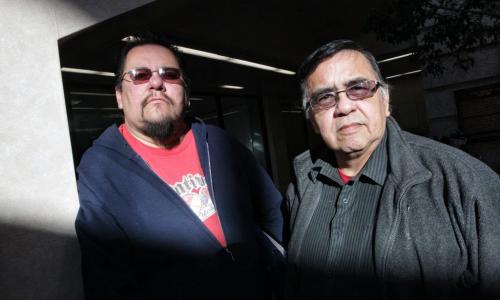Buffalo Point First Nation band members, Elliott Cobiness (left) and Robert Kakaygeesick Jr. (right) think band chief, John Thunder, has gone too far by seeking an injunction that would make around 18 band members homeless if they don't stop a sit-in at the bands offices.  121115 November 15, 2012 Mike Deal / Winnipeg Free Press