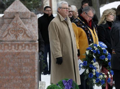 From left, Premier Greg Selinger, Manitoba Metis Federation president David Chartrand and  Shelly Glover, MP at the gravesite of Metis Leader Louis Riel after a ceremony Friday to mark his death and celebrate his life and achievements. Wreaths were placed by the Premier,  David Chartrand, pres. MMF, Shelly Glover, MP,  Councillor Dan Vandal, Liberal Leader Dr. Jon Gerrard and representatives of the RCMP and Winnipeg Police.  (WAYNE GLOWACKI/WINNIPEG FREE PRESS) Winnipeg Free Press  Nov. 16    2012