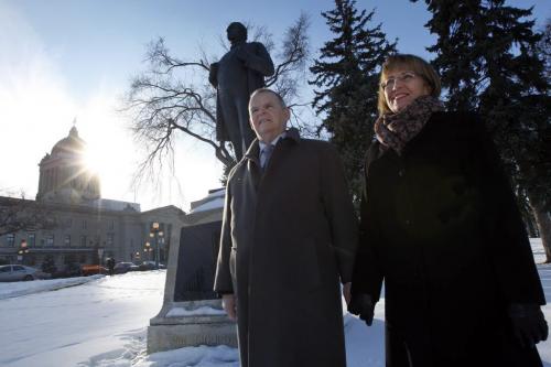 Iceland's consul general left Atli Asmudsson  and his wife  Thurdur Helgadottir standing in front of the Jon Sigurdsson statue at the Man. Legislature grounds .Sigurdsson was an Icelandic patriot and statesman who heloed Iceland gain independance  - Martin Cash  Iceland section FYI story -  KEN GIGLIOTTI  / WINNIPEG FREE PRESS  /  Nov 19 2012