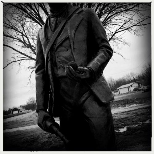 Statue of Sigtryggur Jónasson, the "Father of New Iceland" and the first Icelander to settle in Canada sits at the foot of the footbridge crossing the Icelandic River in downtown Riverton, MB. 121101 - Tuesday, November 20, 2012 -  (MIKE DEAL / WINNIPEG FREE PRESS)