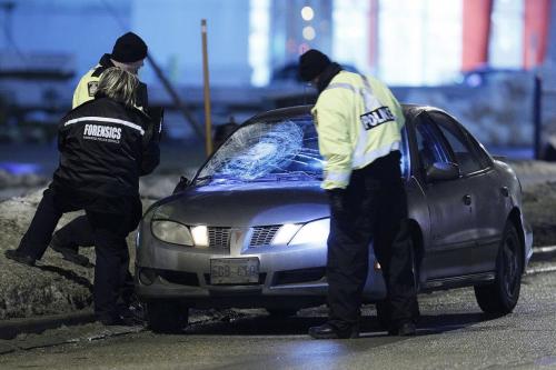 Police investigate a fatal pedestrian mvc in the northbound lanes of Pembina just north of Dalhousie Tuesday, November 20, 2012. (John Woods/Winnipeg Free Press)