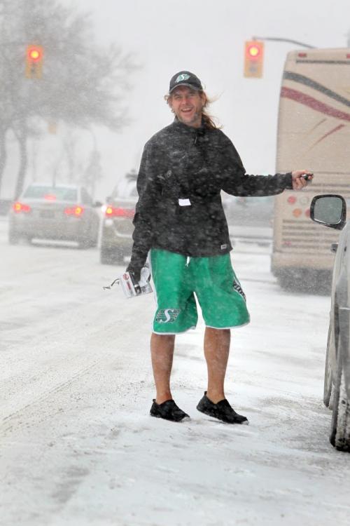 Dennis Maione says he's all dressed and ready for the (Grey Cup) game tomorrow except his team isn't  playing in it, as he laughs.   Maione was spotted dashing across Portage Ave. Saturday morning as he raced into Mountain Equipment Coop to make a quick purchase while wearing his favorite football teamss (Saskatchewan Roughriders) shorts and hat    Maione who is originally from Saskatechwan says he doesn't really care who wins tomorrow but after further questioning he responed  with "I hope Toronto wins." Standup photo (Ruth Bonneville /  Winnipeg Free Press)