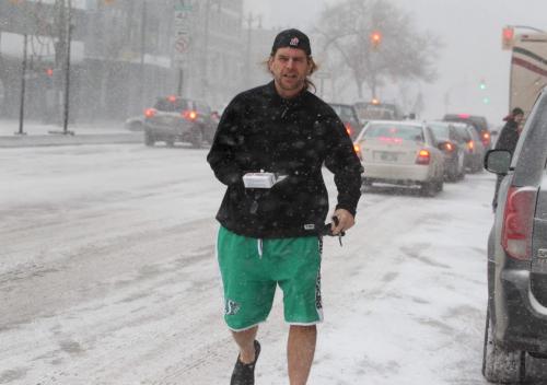 Dennis Maione says he's all dressed and ready for the (Grey Cup) game tomorrow except his team isn't  playing in it, as he laughs.   Maione was spotted dashing across Portage Ave. Saturday morning as he raced into Mountain Equipment Coop to make a quick purchase while wearing his favorite football teamss (Saskatchewan Roughriders) shorts and hat    Maione who is originally from Saskatechwan says he doesn't really care who wins tomorrow but after further questioning he responed  with "I hope Toronto wins." Standup photo (Ruth Bonneville /  Winnipeg Free Press)