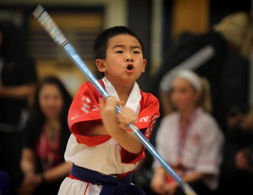 Eight year old  Kharsun Khamvongsa competes at the 1st Canadian All Martial Arts Open Tournament held at Maples Collegiate Saturday.  The young Canadian National martial arts team member went on to win the Grand Champion trophy in his division.  The events included: continuous fighting, hand forms, point sparring, stick fighting and musical creative hand forms and weapons hand forms.  The tournament was open to all all ages and all styles and was hosted by the Winnipeg Sikaran Arnis Academy. Standup photo Nov  24, 2012, Ruth Bonneville  (Ruth Bonneville /  Winnipeg Free Press)