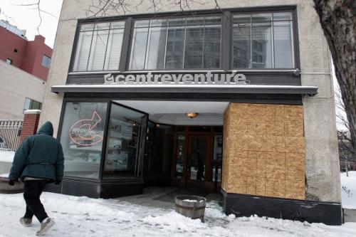 A vehicle smashed through the front window of the Centreventure building at 492 Main Street over night.  121125 November 25, 2012 Mike Deal / Winnipeg Free Press
