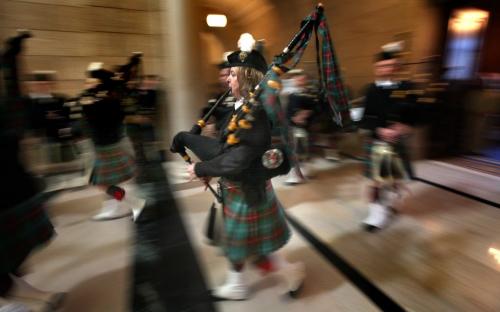 The Pipes and Drums of Manitoba lead costumed Scots in a parade around the Mb Legislature Thursday afternoon to mark "Tartan" Day. See release..... April5, 2012 - (Phil Hossack / Winnipeg Free Press)