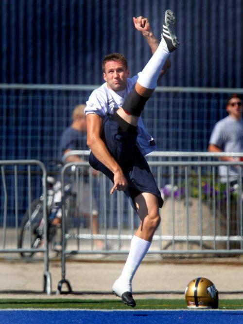 An airborne Mike Renaud shows off his punting form at the Bomber's mid-day workout Friday. See story. August 31, 2012 - (Phil Hossack / Winnipeg Free Press)