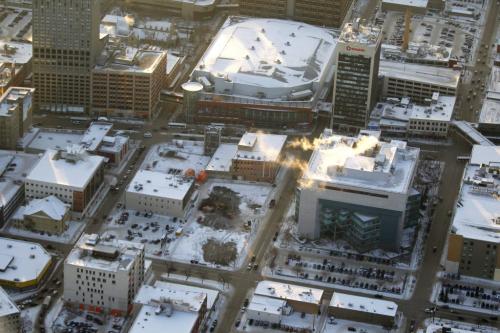 Aerial photos over Winnipeg. MTS Centre and building site across the street. November 28, 2012  BORIS MINKEVICH / WINNIPEG FREE PRESS