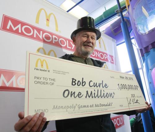 Bob Curle of Selkirk, Manitoba was introduced as the winner of the $1,000,000 prize in the McDonald's 2012 Monopoly Game at the McDonald's restaurant in Selkirk,Mb. Thursday morning, the location he purchased his large coffee that had the grand prize "collect and win'' game stamps. He hasn't decided what to do with the winnings yet. The chances that both stamps were on one cup needed to win the million dollar prize were abt. 1 in 307 million.    (WAYNE GLOWACKI/WINNIPEG FREE PRESS) Winnipeg Free Press  Nov. 29   2012