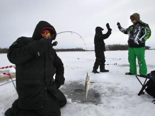 Steven Brick reeled in a sauger Thursday as friends Tomson Dang (right) and Neal Nati celebrate the catch ice fishing on the Red River just north of Selkirk, Mb. In this section of the river the ice was 8 inches thick.  (WAYNE GLOWACKI/WINNIPEG FREE PRESS) Winnipeg Free Press  Nov. 29   2012