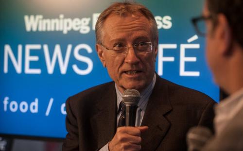 Senator Art Eggleton, former Canadian Cabinet Minister and Mayor of Toronto, speaks with columnist Dan Lett at the Winnipeg Free Press News Café about child and family poverty issues on Thursday, November 29, 2012. (Melissa Tait / WInnipeg Free Press)