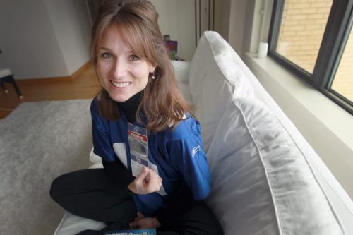 New York Giants fan and local yoga instructor Sam Manchulenko who was able to watch a playoff game at Giant Stadium in the ground-level $11,000 club seats and lounge with her $300 nose-bleed ticket because she wandered down to the Giant bench early to watch her heroes warm up and stayed.- See Gordon Sinclair Story- November 30, 2012   (JOE BRYKSA / WINNIPEG FREE PRESS