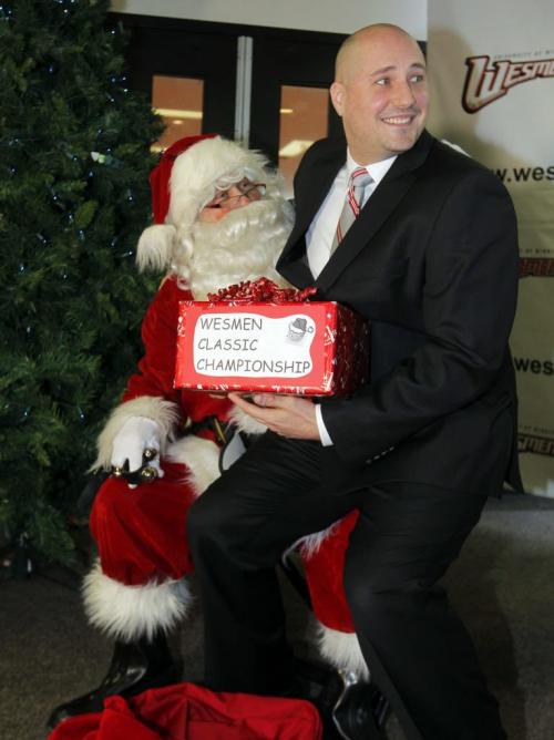 46th Wesmen Classic press conference. Wesmen men's basketball coach Mike Raimbault with Santa during the event. December 3, 2012  BORIS MINKEVICH / WINNIPEG FREE PRESS