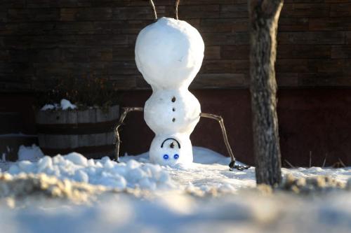 A snowman displays his acrobatic talents by standing on his head on Shepard Ave. Tuesday morning.  Now that's using your head.  Standup photo   Dec 04, 2012, Ruth Bonneville  (Ruth Bonneville /  Winnipeg Free Press)