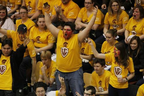 University of Manitoba fans cheer on the Bisons during the women's game against the University of Winnipeg Wesmen during the Duckworth Challenge at the University of Manitoba, Tuesday, December 4, 2012. (John Woods/Winnipeg Free Press)
