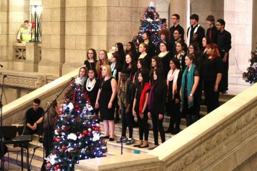 Members of the Kildonan East Choir sing carols on grand staircase at the leg  during the annual open house of the Manitoba  legislature Saturday afternoon.   Standup weather photo. Dec 08, 2012, Ruth Bonneville  (Ruth Bonneville /  Winnipeg Free Press)