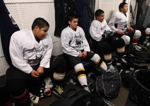 Norquay Knights hockey team in their dressing room after a loss Friday night at the West Kildonan Memorial Community Centre - See Randy Turners FYI feature on aboriginal youth hockey- Dec 07, 2012   (JOE BRYKSA / WINNIPEG FREE PRESS)
