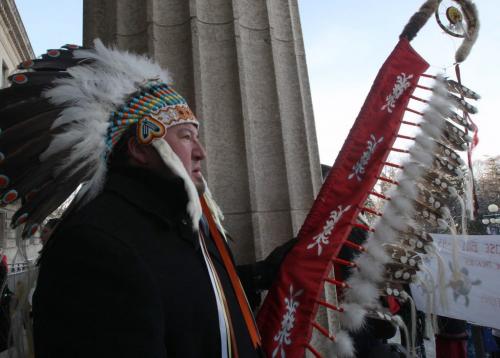 About 400 first nations people  including Manitoba Grand Chief Derek Nepinak, rallied Monday near noon at the Manitoba Legislature-Under the banner, Idle No More, a grassroots movement driven by Facebook and Twitter, is staging rallies in Canadian cities from Calgary to Ottawa Monday to draw attention to aboriginal treaty and land rights.- See Alex Paul story- December 10, 2012   (JOE BRYKSA / WINNIPEG FREE PRESS)