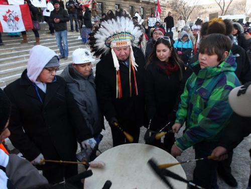 About 400 first nations people  including Manitoba Grand Chief Derek Nepinak, centre, rallied Monday near noon at the Manitoba Legislature-Under the banner, Idle No More, a grassroots movement driven by Facebook and Twitter, is staging rallies in Canadian cities from Calgary to Ottawa Monday to draw attention to aboriginal treaty and land rights.- See Alex Paul story- December 10,, 2012   (JOE BRYKSA / WINNIPEG FREE PRESS)