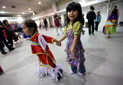 Kashis Desjarlais, 2, and Alex Bigsky, 4, participate in a Kids Pow Wow Club, at the Ma Mawi Wi Chi Itata Centre, Wednesday, December 12, 2012. (TREVOR HAGAN/WINNIPEG FREE PRESS) - december 29 fyi