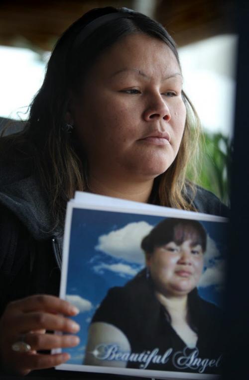 Corina Okemow holds a picture of her younger sister Tracy after a press conference Thursday afternoon.  The press conference was held to bring attention to the death of their younger sister Tracy Okemow while she was in  RCMP custody on Nov 30th on God's Lake Reserve. See Alex Paul story. Dec 13, 2012, Ruth Bonneville  (Ruth Bonneville /  Winnipeg Free Press)