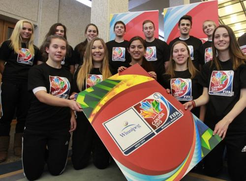 A group of elite soccer youth were at Winnipeg City Hall Friday for the unveiling of the official host composite logo for the FIFA Womens World Cup Canada 2015.  Winnipeg is one of five other Canadian cities to host the event. The FIFA Womens World Cup is held every four years and this is the first time a single-sport  tournament has been hosted across Canada.   see release   (WAYNE GLOWACKI/WINNIPEG FREE PRESS) Winnipeg Free Press  Dec.14   2012
