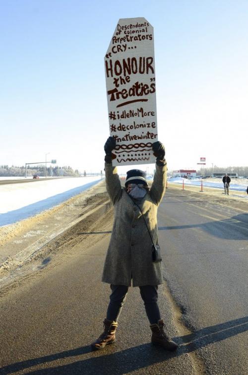 Bud Robertson / Winnipeg Free Press About two dozen protesters briefly blockade the Trans-Canada Highway and Highway 16 west of Portage la Prairie Saturday morning to bring attention to the federal government's Bill C-45. After talking to police, the group agreed to let traffic flow and continued their protest, organized by Sandy Bay First Nation resident Tricia Beaulieu at the side of the highway. Dec. 15, 2012