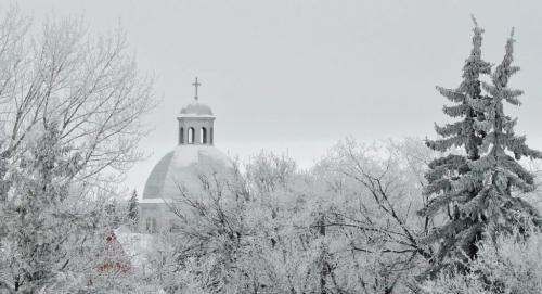 Saint Sava Serbian Orthodox Church on Talbot Avenue is framed by trees covered in hoarfrost Sunday morning.  121216 December 16, 2012 Mike Deal / Winnipeg Free Press
deal2012poy