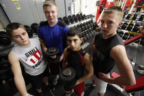 December 17, 2012 - 121217  -  Jake Richardson, Wyatt Edmonds, Nicholas Peters and Brody Williams are photographed at McDole's Gym Monday December 17, 2012. The four Winnipeg football players are travelling to Houston, Texas to attend a football camp. John Woods / Winnipeg Free Press