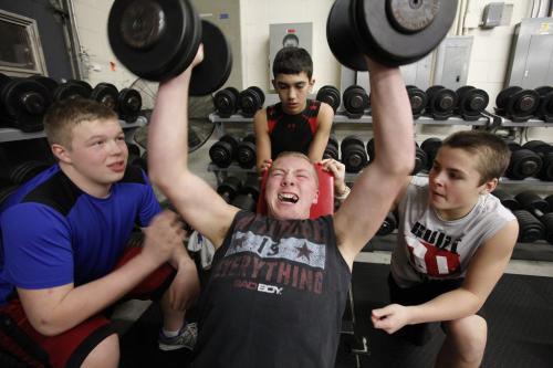 December 17, 2012 - 121217  -  Wyatt Edmonds (L), Brody Williams (F), Nicholas Peters (B) and Jake Richardson (R) are photographed at McDole's Gym Monday December 17, 2012. The four Winnipeg football players are travelling to Houston, Texas to attend a football camp. John Woods / Winnipeg Free Press