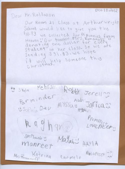 Scanned copy of a signed note I received from the entire Grade 1 class at Arthur Wright School. The class said they collected $10.83 in pennies  and then the class teacher donated $1 for every student so they were sending in $31.83 to our Pennies from Heaven campaign. winnipeg free press - for Kevin Rollason story