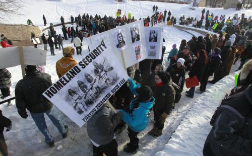 About 300 people attended a Idle No More rally in the Oodena Celebration Circle at The Forks Friday in solidarity with an Idle No More rally at Parliament Hill in Ottawa.     (WAYNE GLOWACKI/WINNIPEG FREE PRESS) Winnipeg Free Press  Dec.21   2012