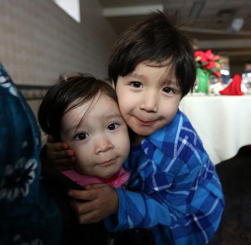 Hailey Nepinak, 2, and her brother Maximus Nepinak, 4, were among those attending a supper provided by the province, for families of missing and murdered women at the Clarion Hotel. Hailey and Maximus' aunt, Tanya Nepinak, went missing in September of 2011. (TREVOR HAGAN/WINNIPEG FREE PRESS)