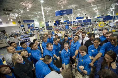 122612 Winnipeg -  The staff at the St. James Best Buy get pumped up for the opening of the store at 6AM on Boxing Day.  DAVID LIPNOWSKI / WINNIPEG FREE PRESS