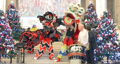 Dancers perform a traditional Chinese Dragon Dance on the Grand Staircase at the Manitoba Legislature Tuesday. The performance met with applause by guests waiting to greet the Lt Governor at his annual Levee. Jan 1, 2013 - (Phil Hossack / Winnipeg Free Press)