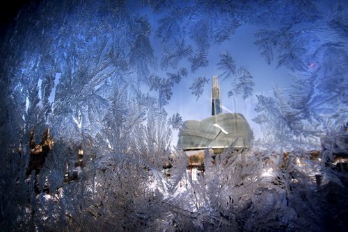 The Canadian Museum for Human Rights seen through window frost in the  parkade at The Forks . Mia Rabson story (WAYNE GLOWACKI/WINNIPEG FREE PRESS) Jan. 2 2012 CMHR
