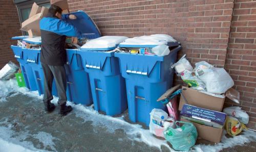 Raymond Ares at The Canadian Polish Manor block at 300 Selkirk shows recycling that City of Winnipeg contractors have not picked up  See Jen Skerritt story- January 03, 2013   (JOE BRYKSA / WINNIPEG FREE PRESS)