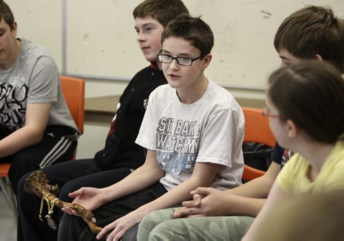 WIndsor School class of 2017 students sit circle as they take turns talking with a talking stick. Noah holds talking stick while telling a story.  Jesse is to Noah's right. See Doug Speirs story on bullying. Dec 22, 2012, Ruth Bonneville  (Ruth Bonneville /  Winnipeg Free Press)
